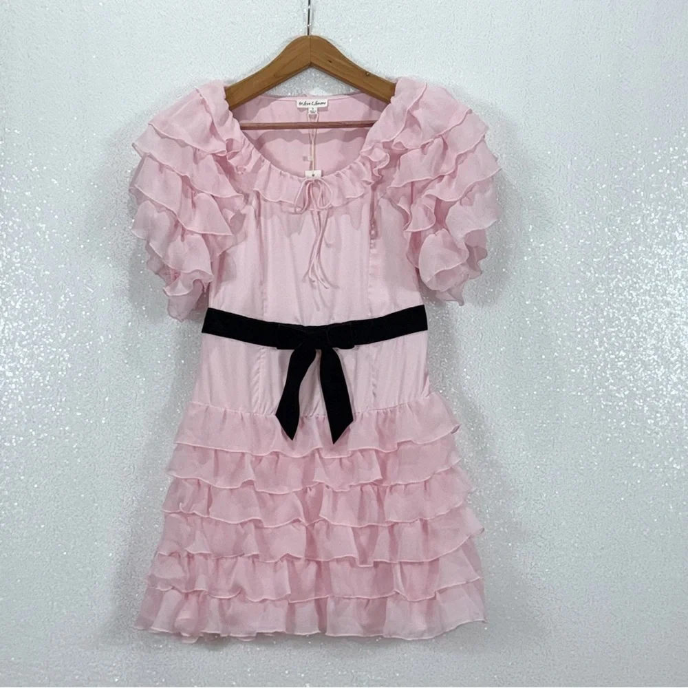 For Love & Lemons Danali Ruffle Pink Ruffle Mini Dress with Black bow - Picture 2 of 16